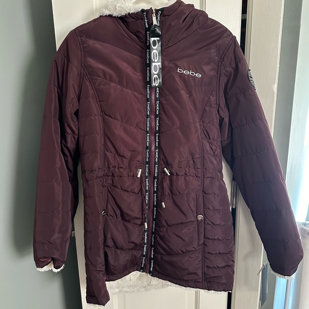 Bebe cranberry/cream reversible puffer with hood